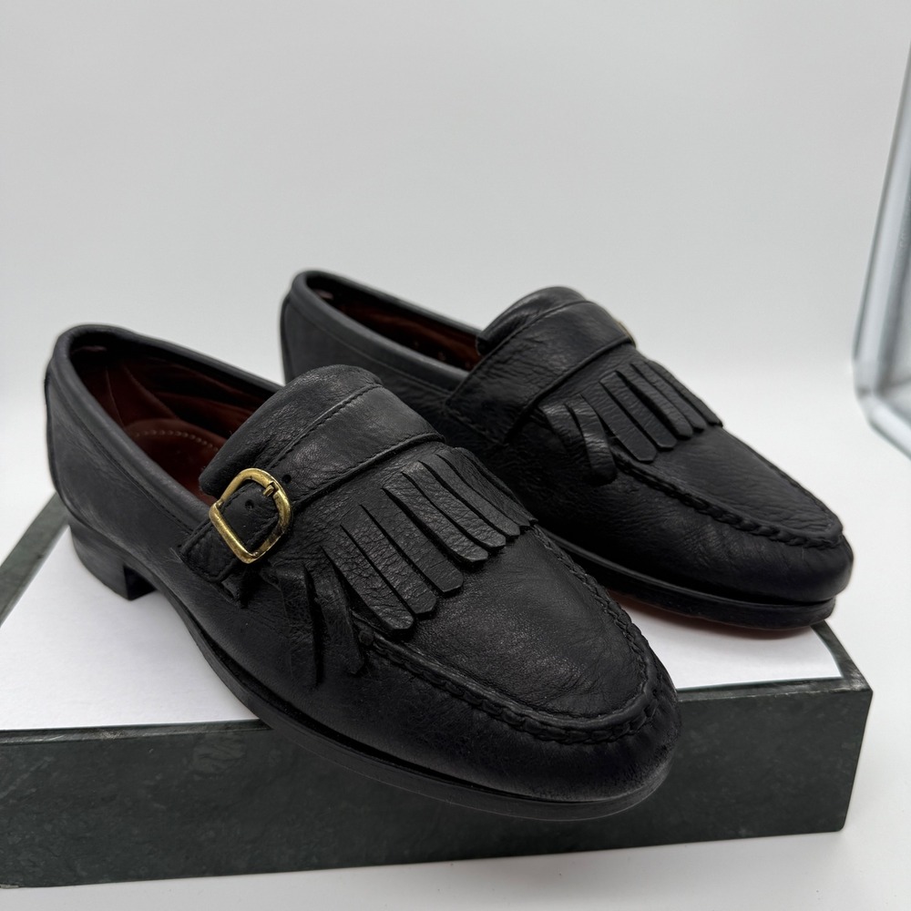 Allen Edmonds Woodville Loafers Mens 7 D Black Leather Kiltie Fringe Buckle